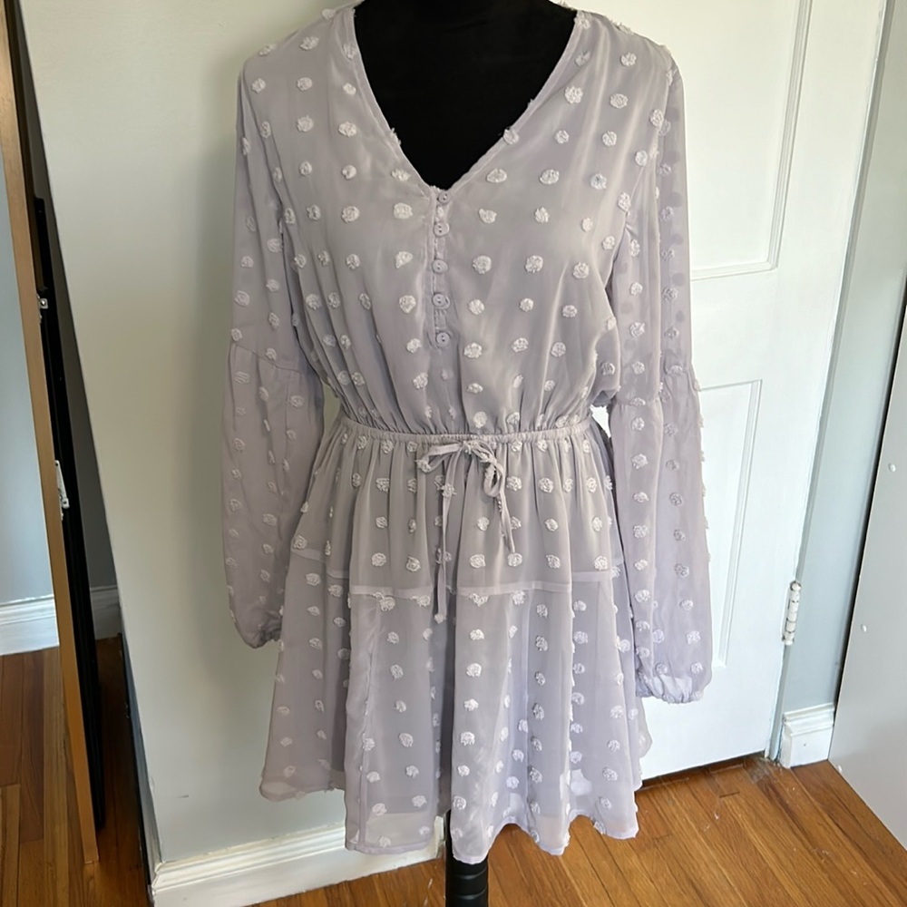Lavender lined chiffon wedding guest dress.